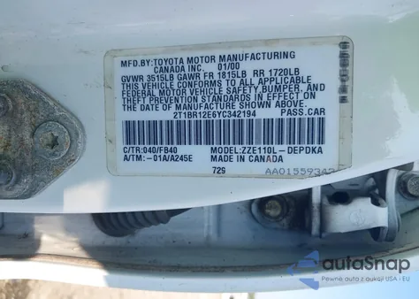 2000 Toyota Corolla Ce z USA, uszkodzony, nr VIN 2T1BR12E6YC342194